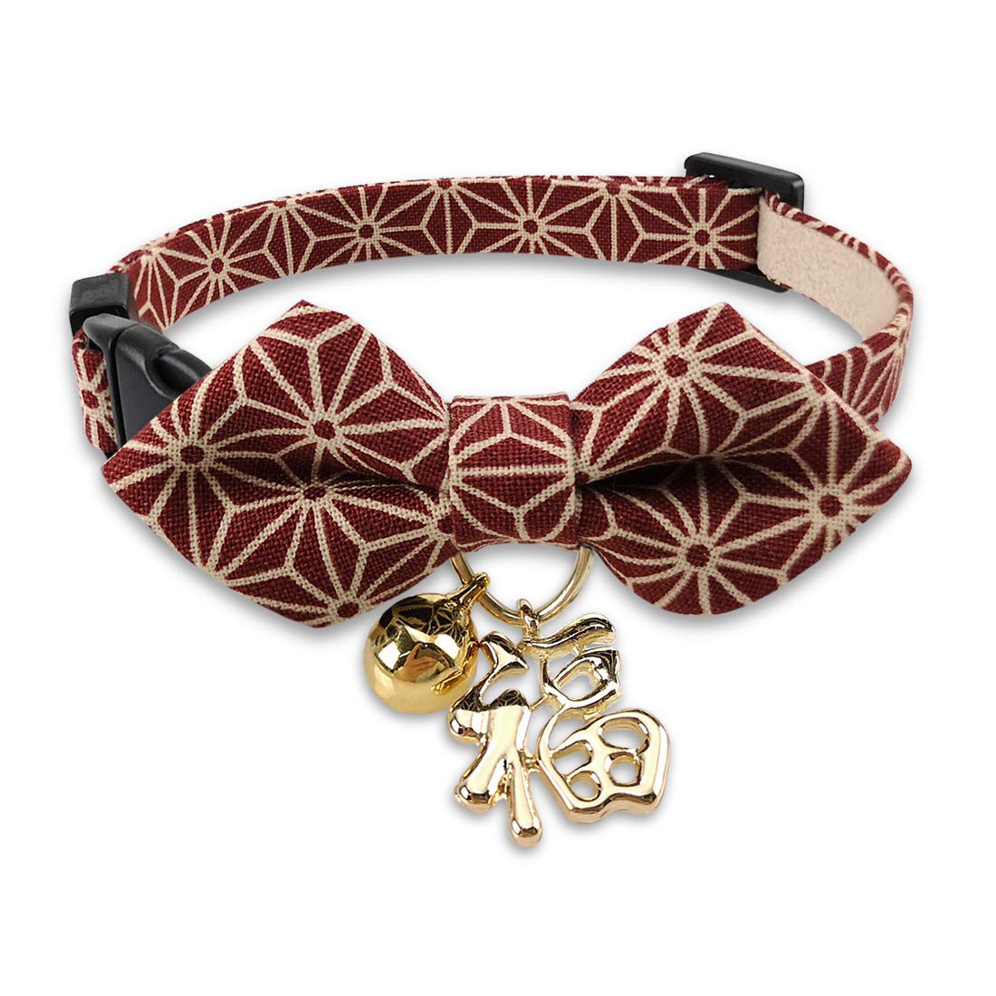 PetSoKoo Cute Diamond Shaped Bowtie Cat Collar with Bell Japan Lucky 福 Charm. Astringent Hemp Leaf Print. BreakawaySoft for Gril Boy Male Female Adult CatsRed